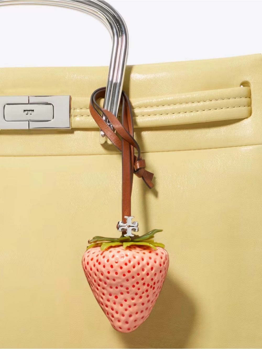 NWT Tory Burch 3D Pink Strawberry Bag Charm Leather Key Fob Silver Logo Accent